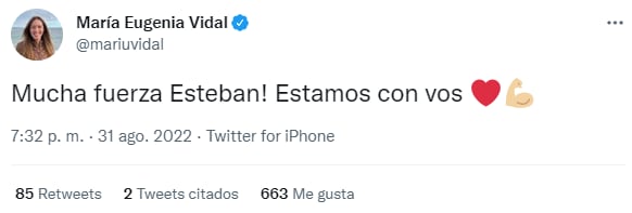 La ex gobernadora bonaerense le envió fuerzas a Esteban Bullrich