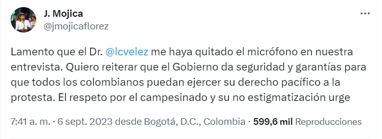 La ministra se refirió a la discusión que sostuvo con Luis Carlos Vélez - crédito @jmojicaflorez/X