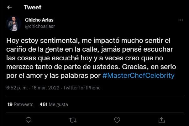 «Sono sentimentale», Chicho Arias dopo tutto l'affetto che la gente gli ha fatto provare per MasterChef Celebrity Colombia 2022. Foto: Twitter