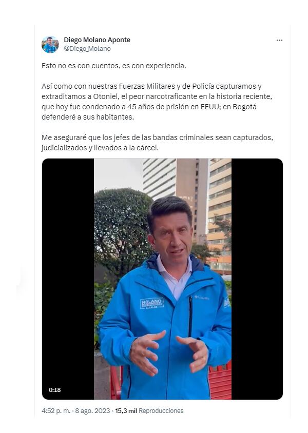 El exministro de Defensa y candidato a la Alcaldía de Bogotá, Diego Molano, celebró la noticia de la sentencia de alias 'Otoniel'. Twitter