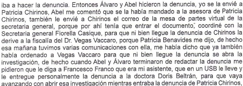 Declaración de Jaime Villanueva sobre las coordinaciones con la congresista Patricia Chirinos.