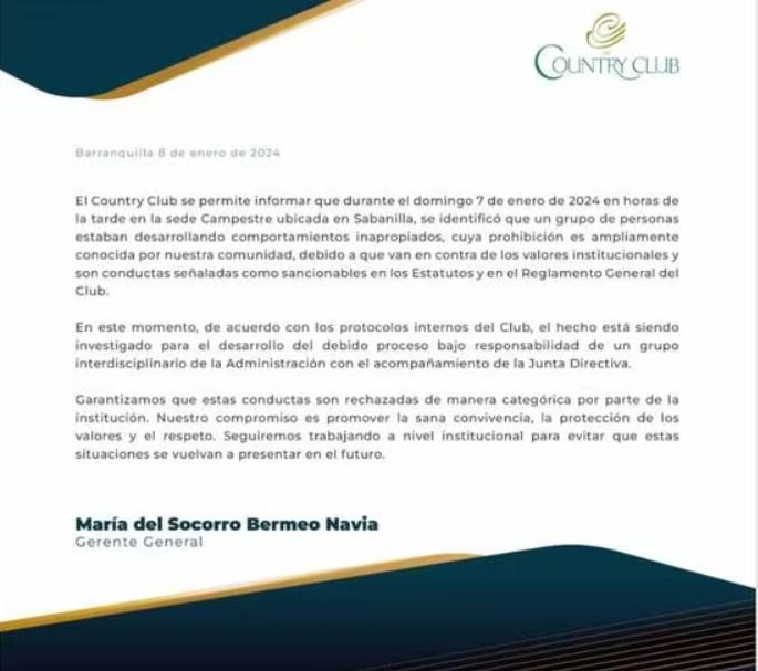 El Gobernador Bolívar solicitó la dimisión del Secretario de Finanzas tras un escándalo sexual en el Barranquilla Country Club.