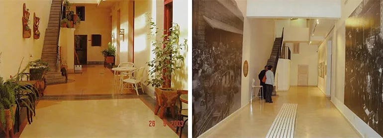 El antes y el después: el patio cubierto y la escalera de la casa del Abasto en 2003 y 2016.