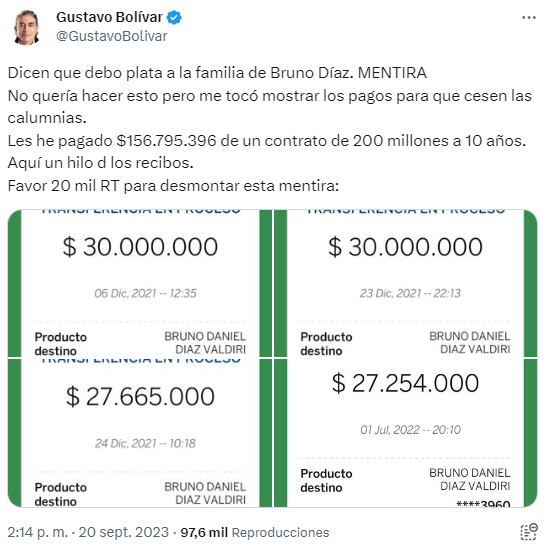 El candidato a la Alcaldía de Bogotá Gustavo Bolívar compartió las capturas de pantalla de las transacciones que le realizó a la familia Bruno Díaz - crédito @GustavoBolivar/X