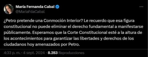 La congresista remarcó que un estado de conmoción no permite suprimir el derecho a protestas y pidió a la Corte Constitucional garantizar dicha libertad - crédito @MariaFdaCabal/X