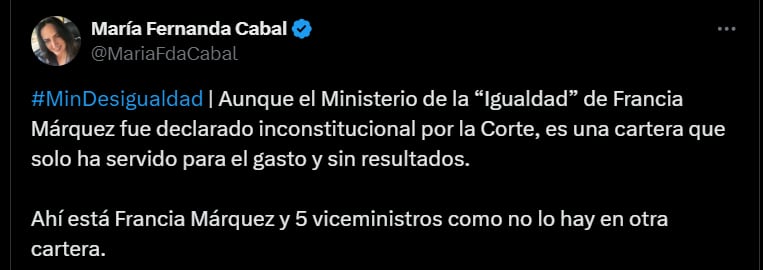 María Fernanda Cabal, senadora del Centro Democrático, sobre ejecución del Ministerio de la Igualdad - crédito @MariaFdaCabal/X