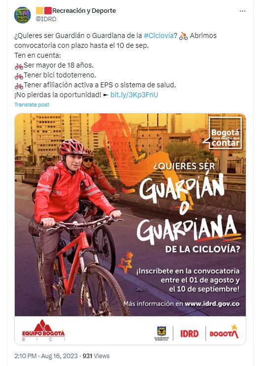 Requisitos para ser guardián o guardiana de la Ciclovía en Bogotá