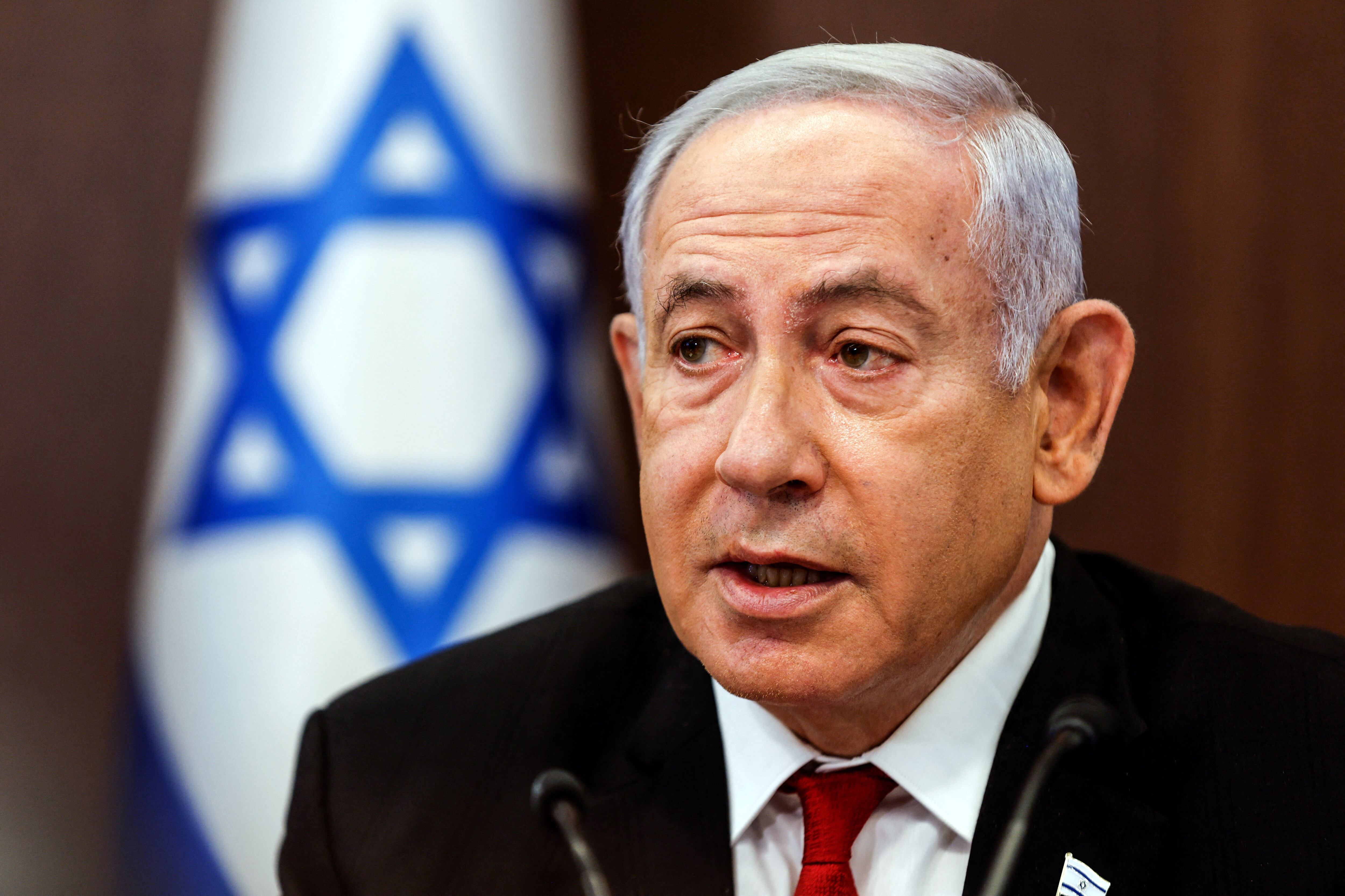 Israeli Prime Minister Benjamin Netanyahu attends a cabinet meeting at the Prime Minister's office in Jerusalem, August 20, 2023. REUTERS/Amir Cohen/Pool