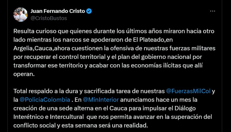 Juan Fernando Cristo, ministro del Interior, sobre la presencia de ministros y funcionarios del Estado en el Cauca - crédito @CristoBustos/X