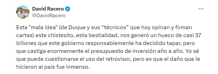 David Racero sobre pronunciamientos de gerente de Banrepública - crédito @DavidRacero/X