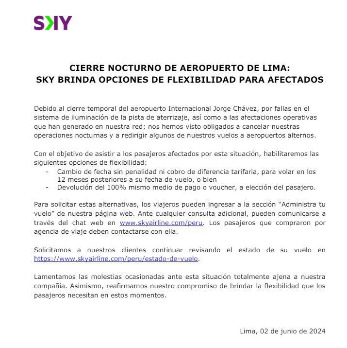 Comunicado Sky sobre cancelación de vuelos por emergencia en el aeropuerto Jorge Chávez