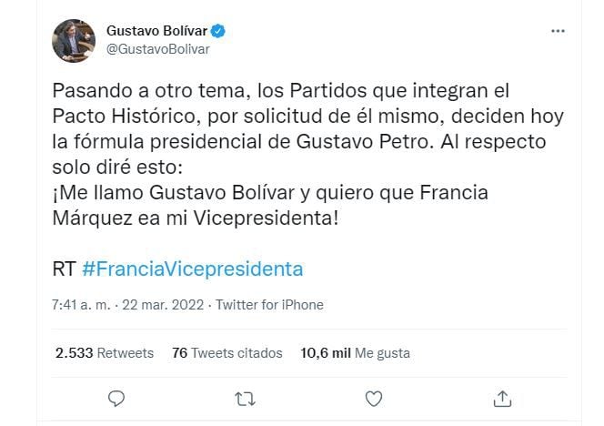 France Marquez, vice-présidente de Petro ? C'est ainsi que Gustavo Bolívar implique