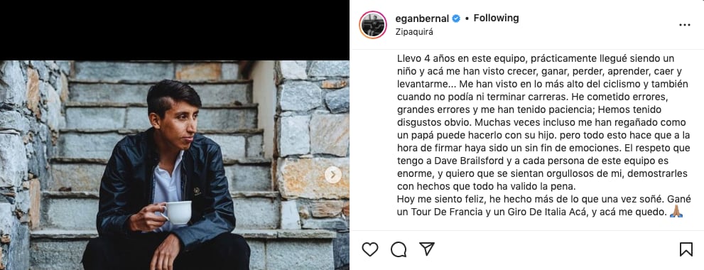 Egan Bernal habló sobre su nuevo contrato con INEOS Grenadiers. Foto: captura de pantalla (Instagram @eganbernal)