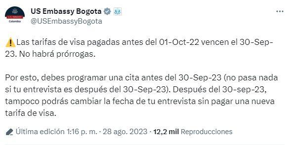 Embajada de Estados Unidos en Colombia lanzó advertencia sobre el trámite y pago de visas. Quienes no cumplan el requisito tendrían que volver a pagar los derechos económicos. -Crédito X @USEmbassyBogota