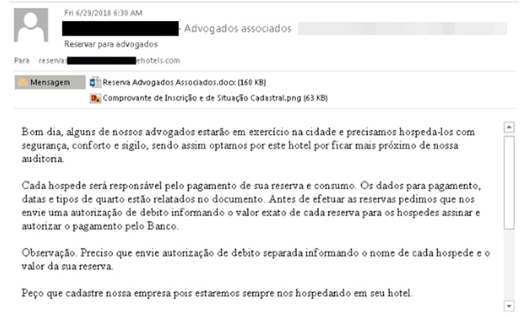Un ejemplo de los mensajes de correo electrónico apócrifos destinados a engañar al usuario para que haga clic en un enlace malicioso, como los usados por RevengeHotels y ProCC (Kaspersky)