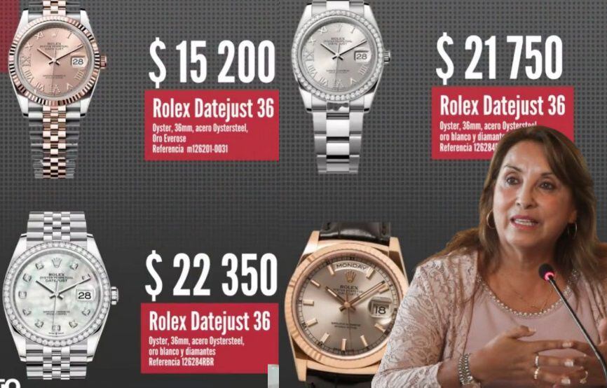 Especialistas en relojes de alta gama indicaron que la presidenta Dina Boluarte tendría al menos 4 Rolex con precios superiores a los 14 mil dólares en tiendas oficiales. (Foto: Composición - Infobae/Renato Silva)