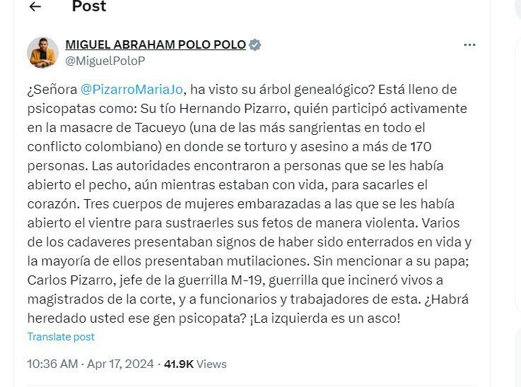 Miguel Polo Polo le dice a María José Pizarro que en su familia hay psicópatas - crédito @MiguelPoloP