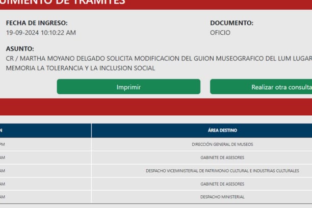 El pedido de la congresista fue ingresado con  expediente  N. °138558. En dos horas pasó del  despacho ministerial a la dirección general de museos. Foto: captura Mincul