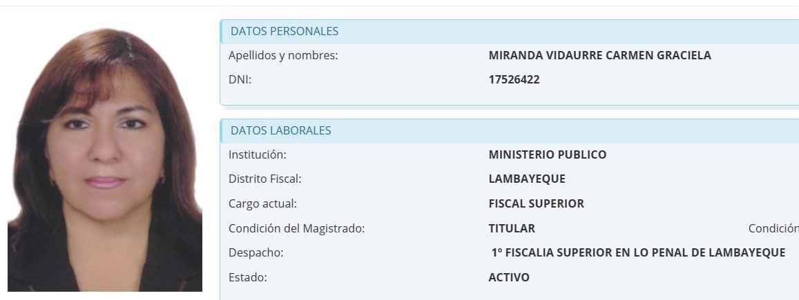 Fiscal Carmen Miranda Vidaurre, quien rechazó presiones ilícitas de Patricia Benavides para favorecer ilícitamente a José María Balcázar