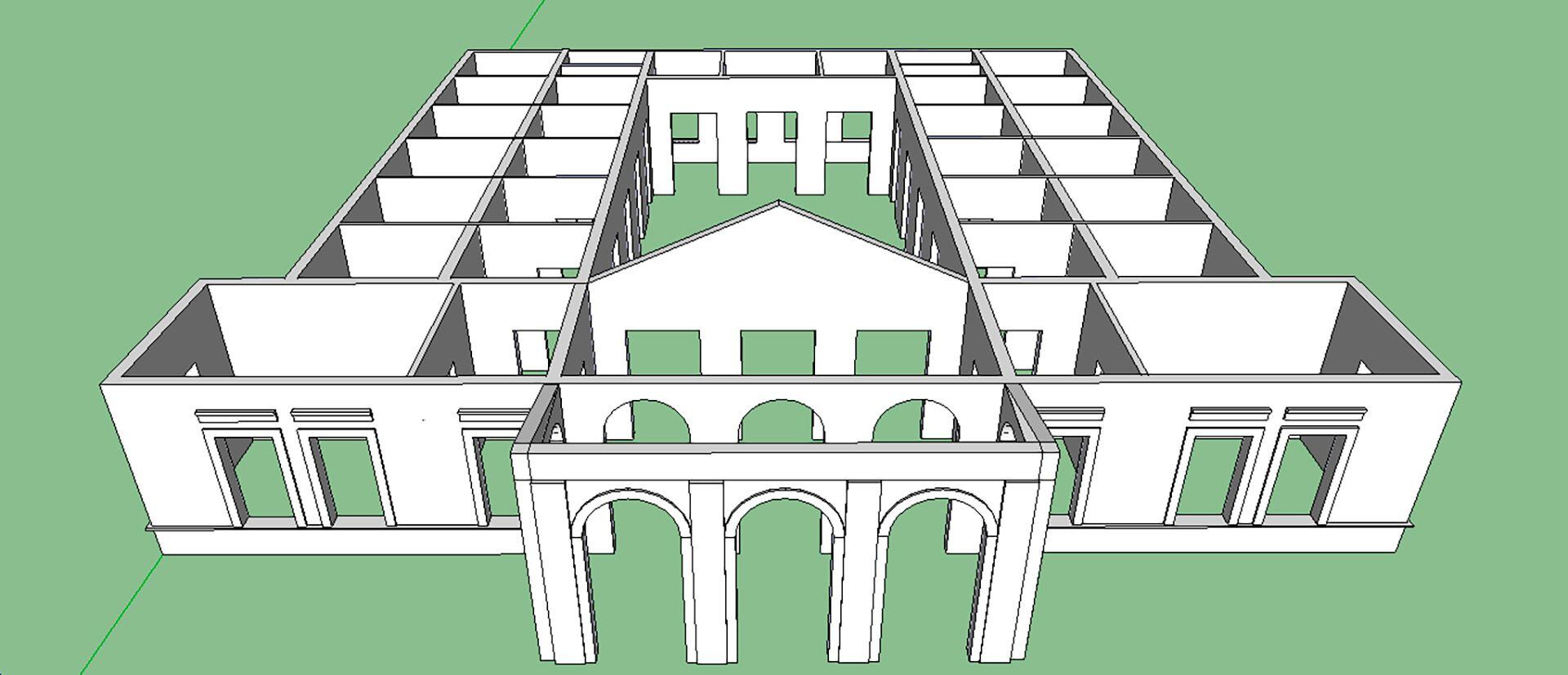 Plano en 3D de cómo pudo haber sido la estructura y distribución del Hotel Mar del Sud. Realizado a partir de las fotografías y testimonios. (Archivo: P. Grigera)