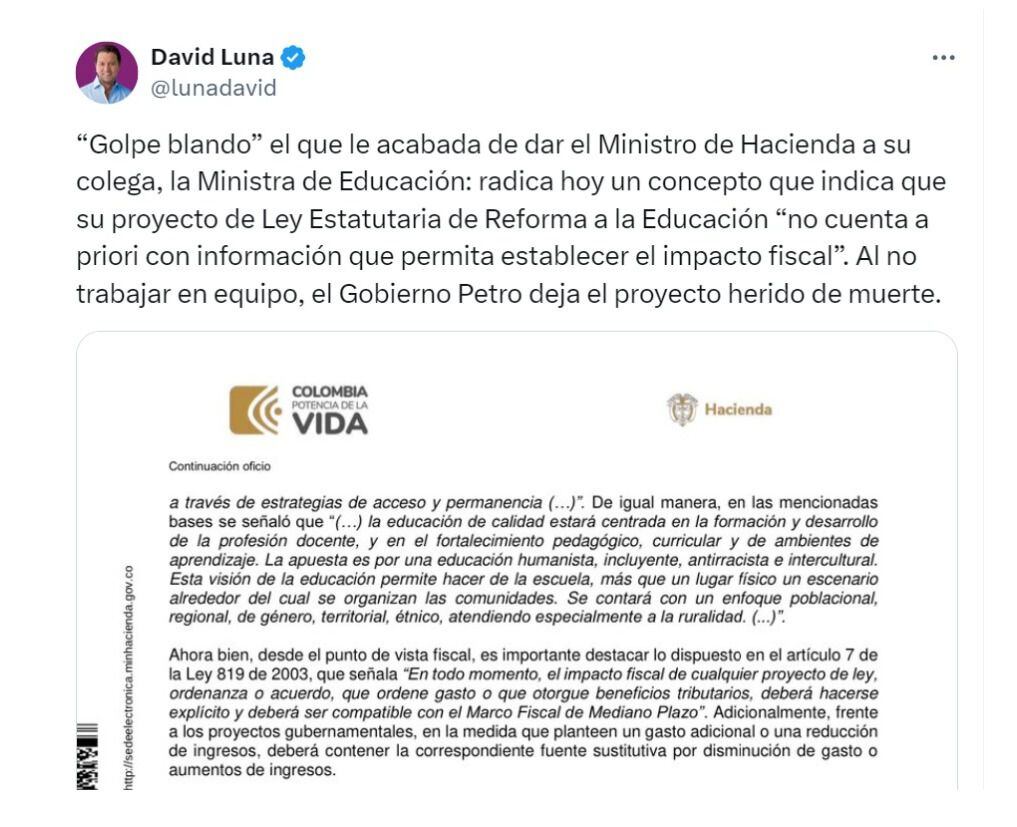 David Luna sobre el concepto del Ministerio de Hacienda por la reforma a la educación