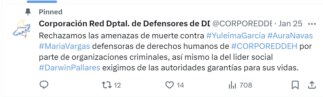 La Corporación Red Departamental de Defensores de Derechos Humanos rechazó amenazas a integrantes de la mesa de víctimas - crédito @CORPOREDDEH/X