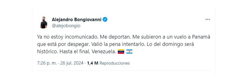 Bongiovanni confirmó su deportación de Venezuela (@alejobongio)