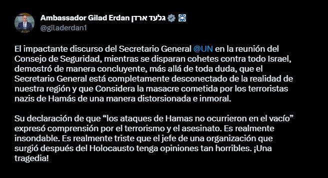 Mensaje del embajador Gilad Erdan contra Guterres (traducción automática en X)