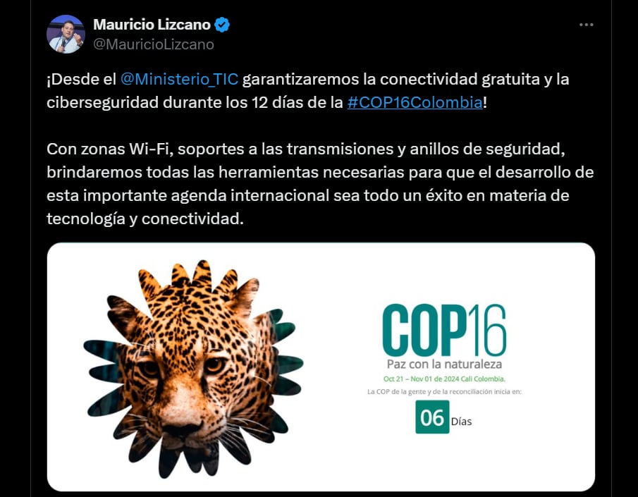 Mauricio Lizcano aseguró que el Gobierno nacional invirtió más de 4.000 millones de pesos para ciberseguridad en los puntos Wifi gratis de la Cop16 - crédito @MauricioLizcano/X