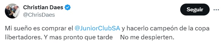 Christian Daes reveló que su sueño es ver al Junior campeón de Copa Libertadores - crédito @ChrisDaes/X