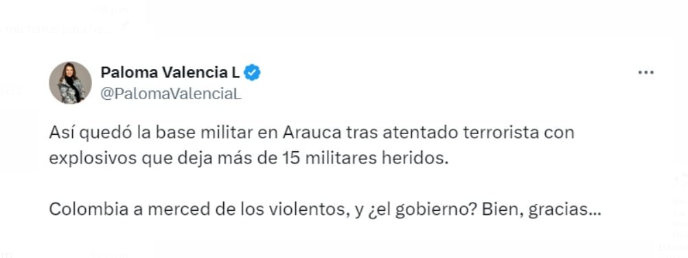 La senadora Paloma Valencia criticó la situación de seguridad en Colombia tras el ataque en Puerto Jordán, Arauca- crédito @PalomaValenciaL/X