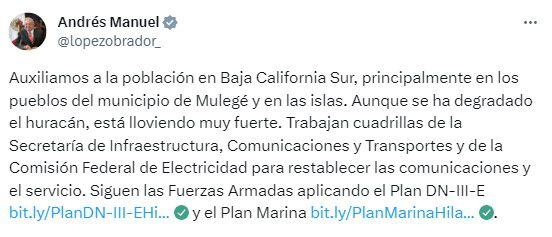 El presidente López Obrador informó que se brinda auxilio a la población afectada por las lluvias. (TW/@lopezobrador_)