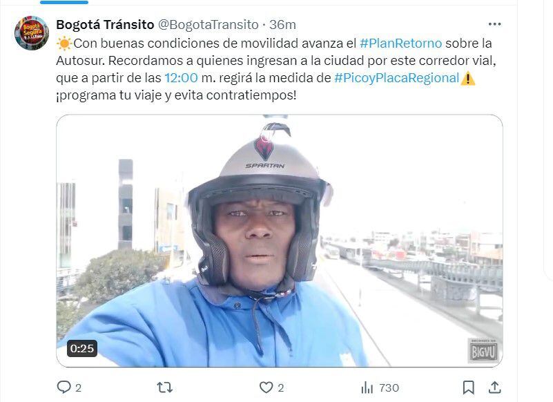 El plan retorno avanza con buenas condiciones por la Autopista Sur - crédito @BogotaTransito