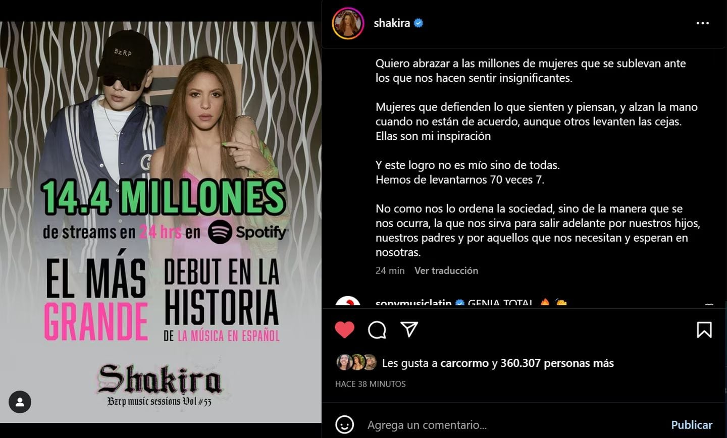 Shakira mandó un mensaje de empoderamiento femenino después de que su sesión con Bizarrap se convirtiera en un rotundo éxito 
Foto: Instagram/Shakira