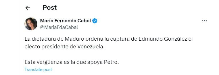 María Fernanda Cabal habla de la orden de captura a Edmundo González - crédito @MariaFdaCabal