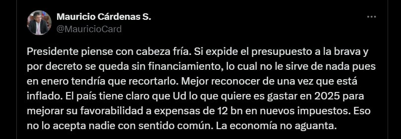 Pronunciamiento de Mauricio Cárdenas , exministro de Hacienda en el Gobierno de Santos - crédito @MauricioCard/X