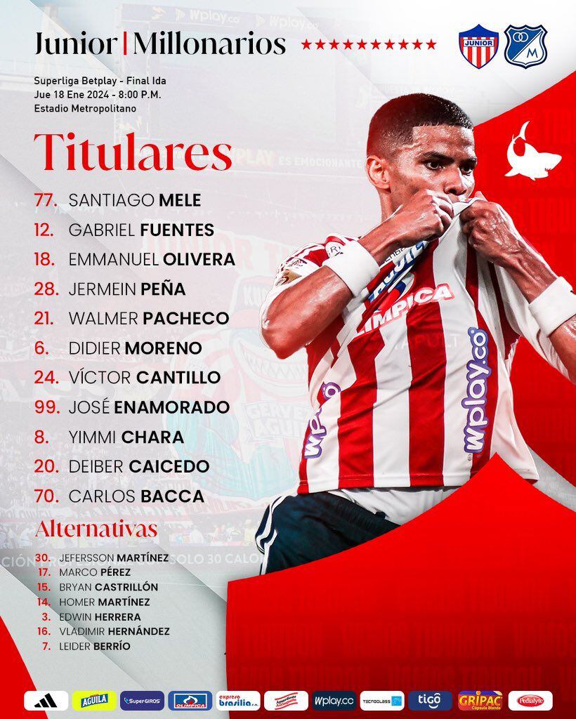 Estos fueron los once elegidos por el técnico Arturo Reyes para encarar el primer juego de la Superliga 2024 en Barranquilla - crédito @JuniorClubSA / X