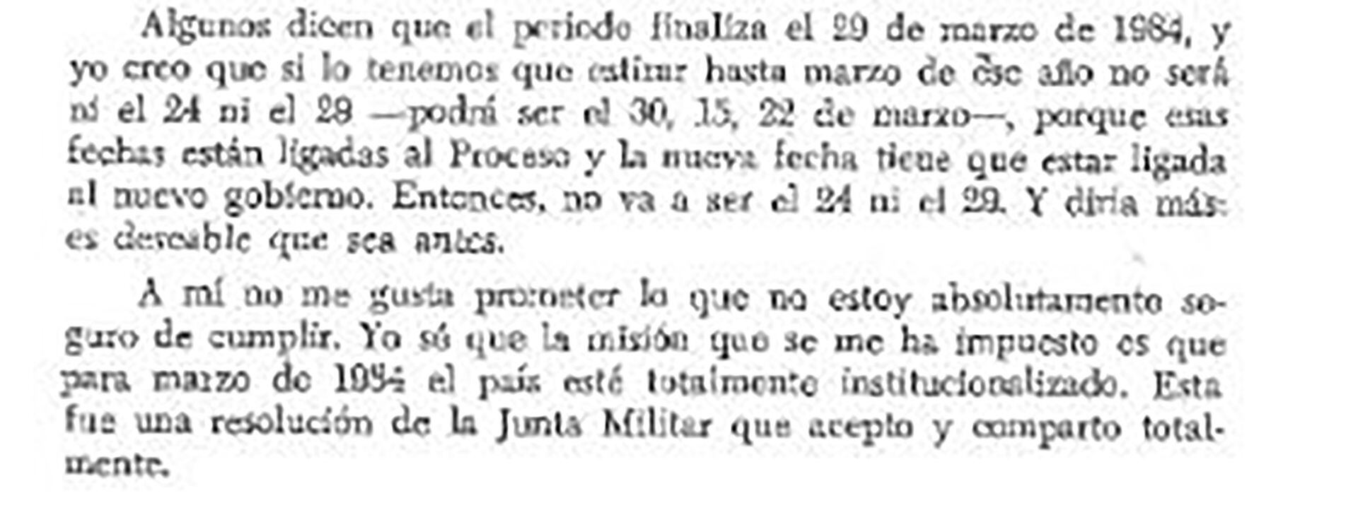 La presidencia dio a conocer las palabras de Bignone