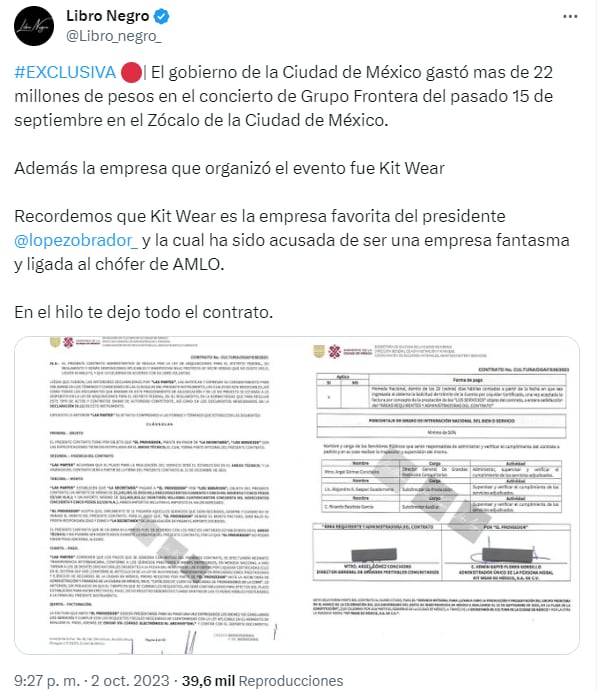 Acusan que Kit Wear fue la responsable de organizar el evento para el concierto de Grupo Frontera en el Zócalo (@Libro_negro_)