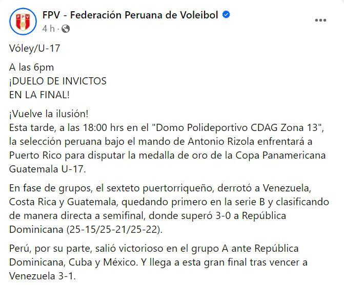 Perú vs Puerto Rico: partido por la final de la Copa Panamericana Sub 17 2024