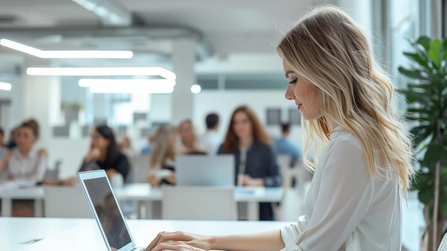 Profesional femenina concentrada en su trabajo remoto usando una laptop en un entorno de coworking, simbolizando el cambio hacia una forma de trabajo más flexible y tecnológicamente avanzada. (Imagen ilustrativa Infobae).