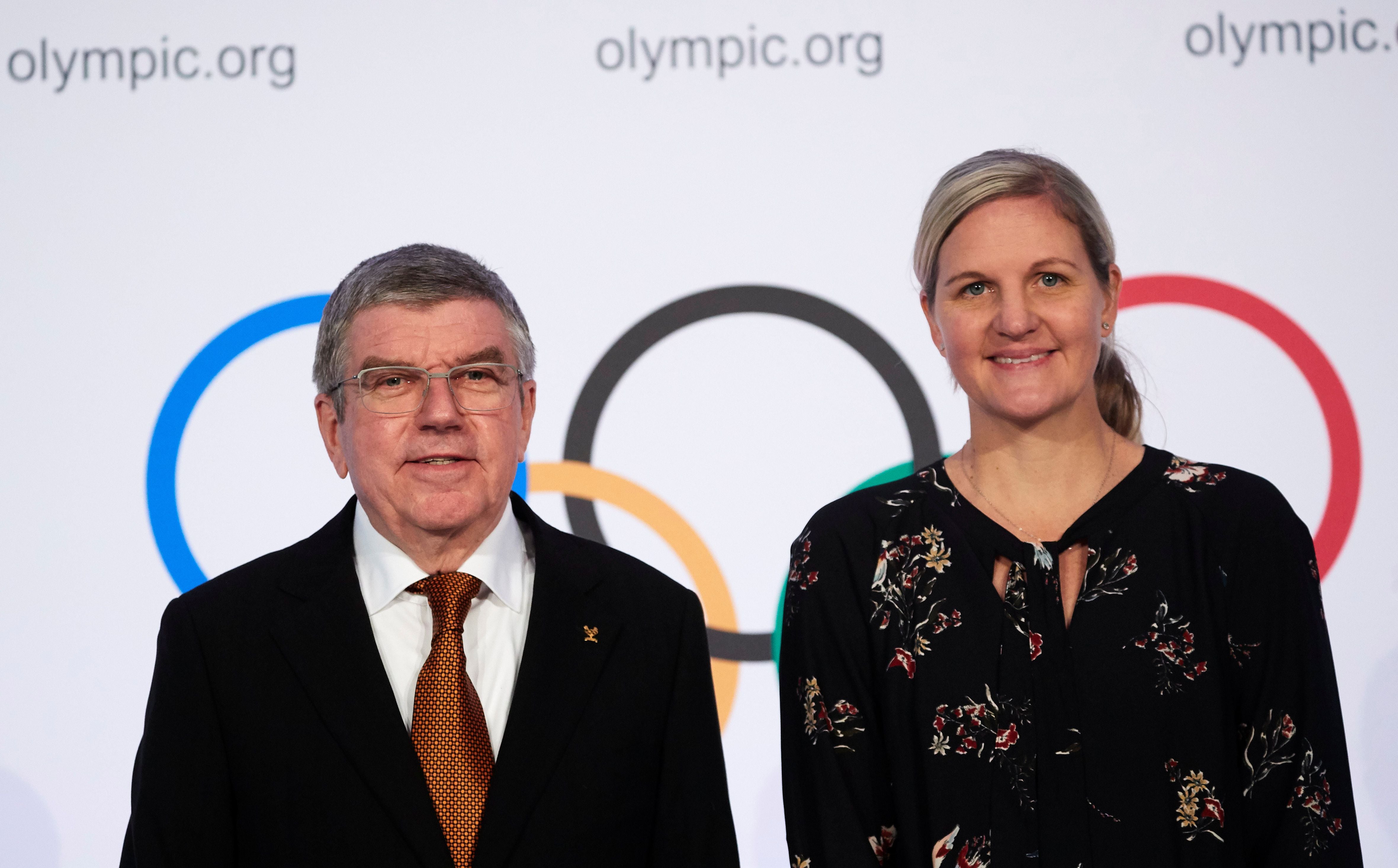 Thomas Bach, President of the International Olympic Committee (IOC) and Athletes Commission Chair and IOC member Kirsty Coventry attend a news conference in Lausanne, Switzerland, January 9, 2020.  REUTERS/Denis Balibouse