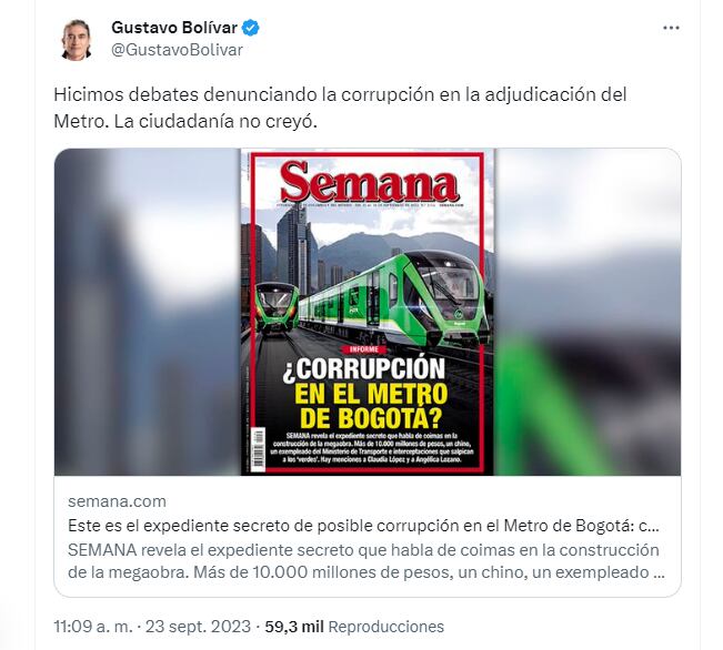 Gustavo Bolívar advirtió que su movimiento político ya había denunciado estas presuntas irregularidades, pero que no les creyeron - crédito @GustavoBolivar/X