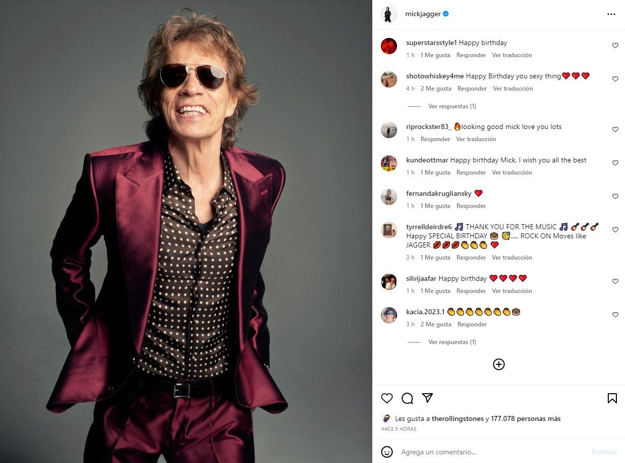 Mick Jagger agradeció todas las felicitaciones y subió una foto con un gran semblante a sus 80 años
Foto: Instagram/Mick Jagger