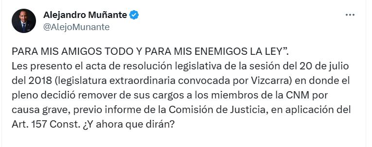 Alejandro Muñante compara la destitución de los consejeros implicados en el caso Los Cuellos Blancos con la eventual remoción de los miembros de la JNJ