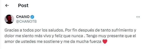 El mensaje de Chano Charpentier el día en el que cumplió 43 años (Twitter)