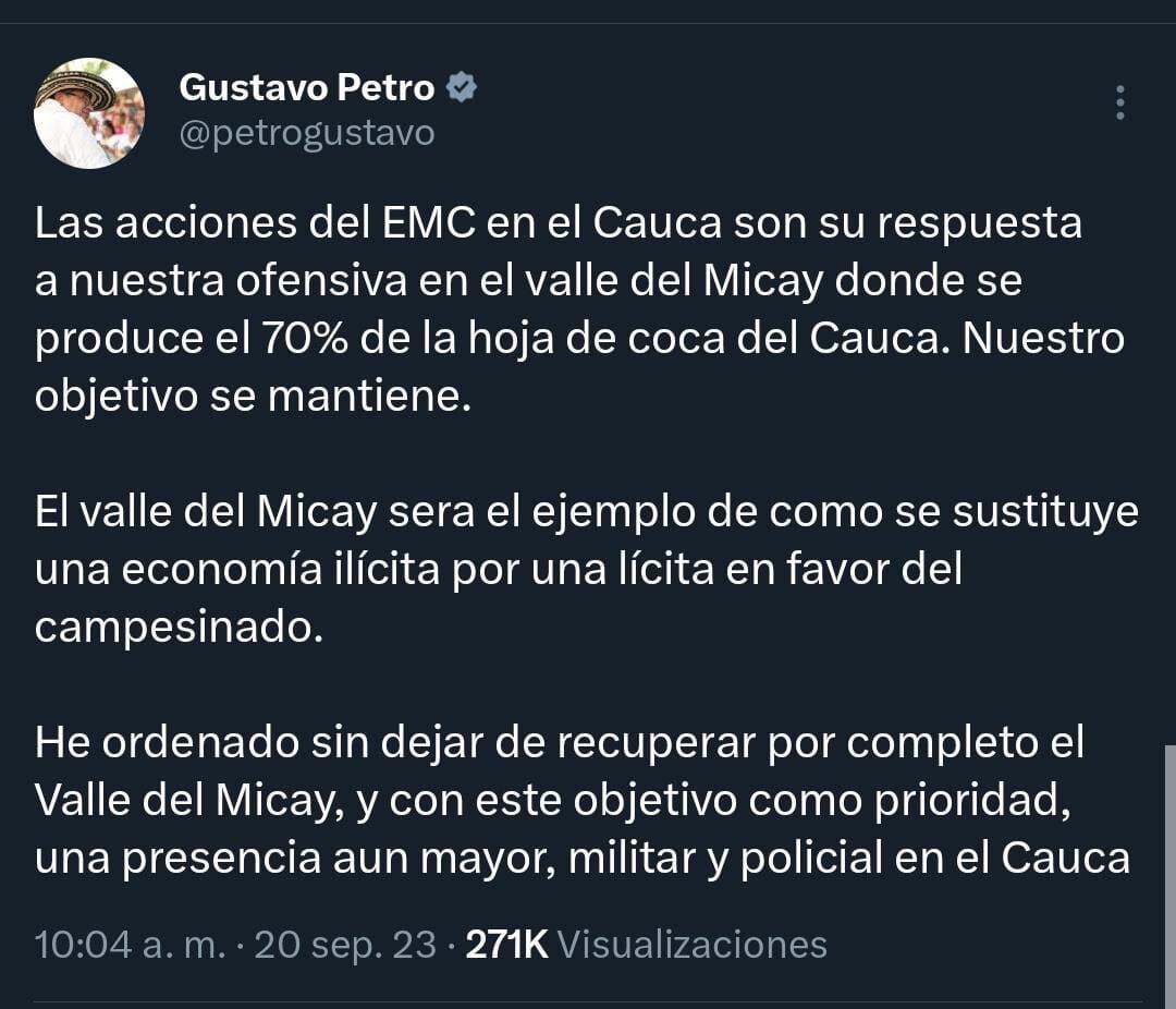 El presidente se sumó a las voces de rechazo a los ataques perpetrados contra la disidencia de "Iván Mordisco" - crédito @petrogustavo/X