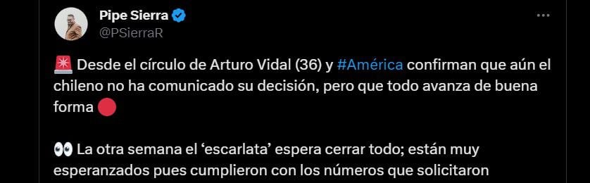 Aunque muchos aficionados de América se ilusionan con Arturo Vidal, el negocio no está cerrado - crédito @PSierraR/X