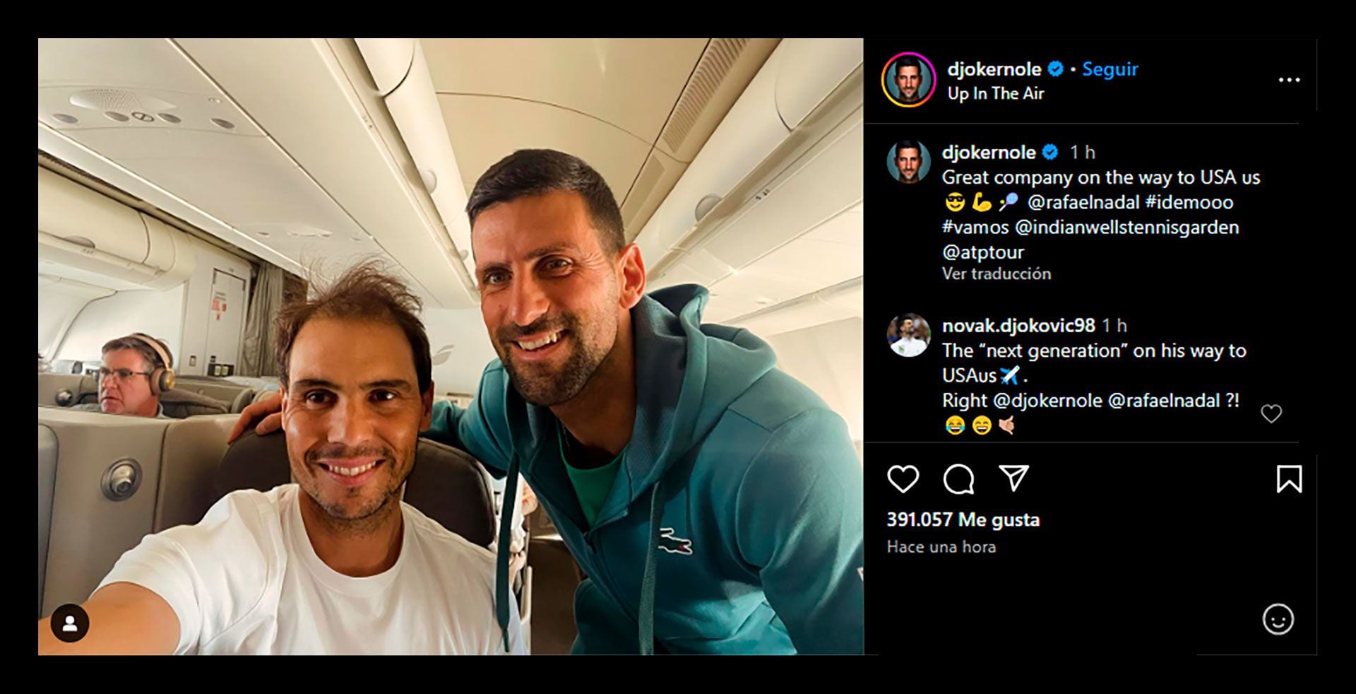El inesperado encuentro entre Rafa Nadal y Novak Djokovic en un avión