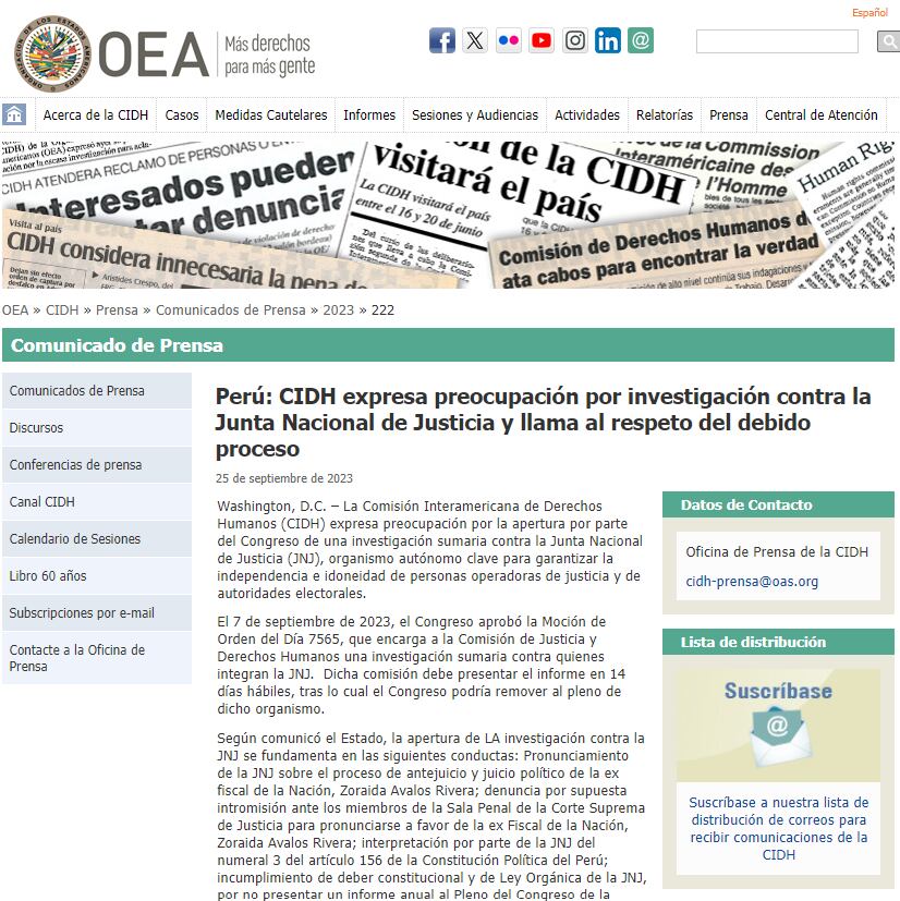 CIDH se pronuncia sobre investigación a la JNJ.